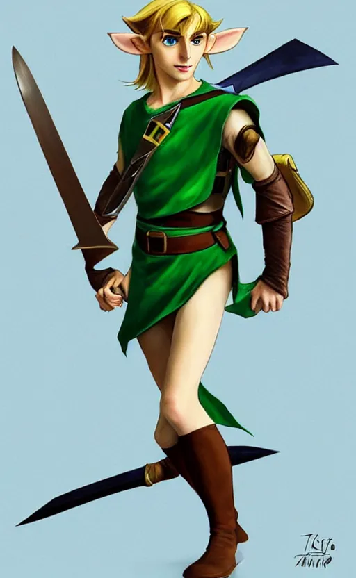 Image similar to Timothee Chalamet as Link from Legend of Zelda, elf ears, long blonde hair, +++ super super super dynamic posing, j.c. leyendecker, Valentina Remenar, thick eyebrows, super serious facial expression, holding a sword & shield, ocarina of time movie, concept photos, dynamic lighting, dynamic shaders