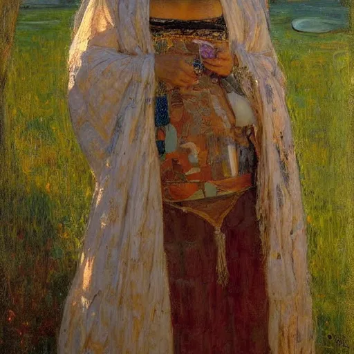 Image similar to Richard Schmid and Jeremy Lipking and Gustav Klimt portrait painting of a young beautiful woman priestess victorian orientalist in elaborate costume