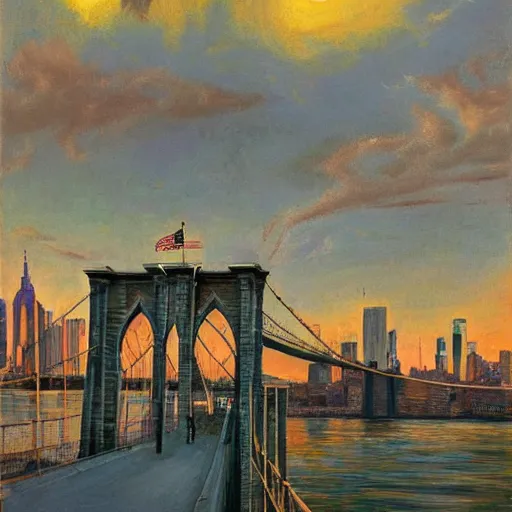 Prompt: symbolic view along the brooklyn bridge, by joseph stella