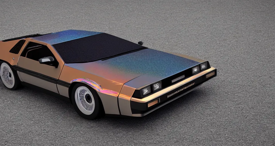 Image similar to Tricked out lowrider delorean, five spike mag wheels, holographic wrap, high detail, photorealism, full length view, very rust, concept art, octane render, 16k, 8k