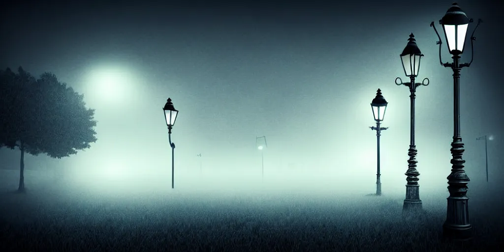 Prompt: curved perspective epic illustration of night city with curly victorian street lamp in a foggy field from tim burton nightmare before christmas