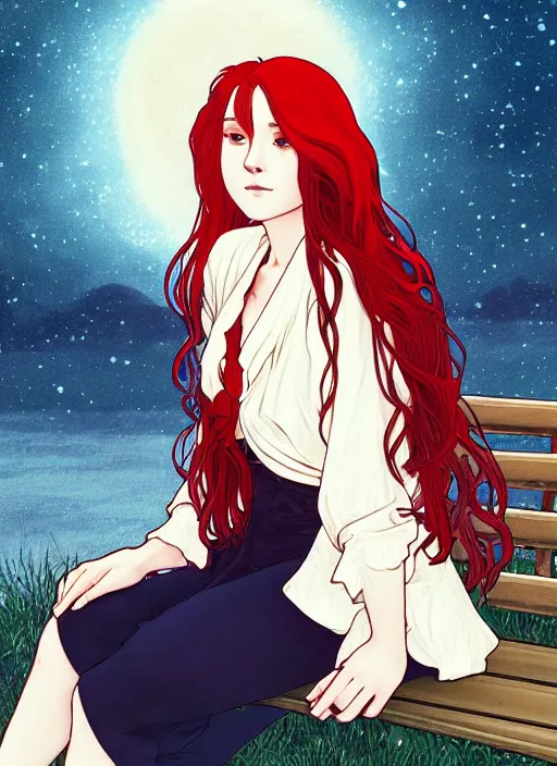 Prompt: pretty young woman with long red hair sitting on a park bench under bright moonlight, path traced, highly detailed, high quality, digital painting, by studio ghibli and alphonse mucha, leesha hannigan, makoto shinkai, disney