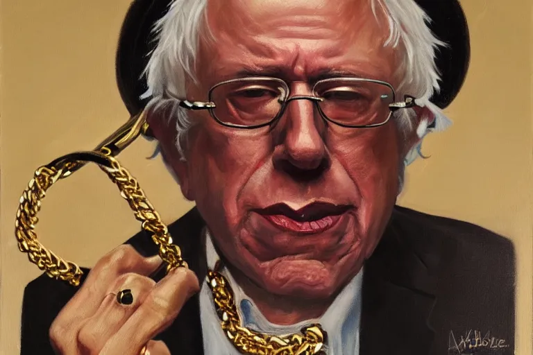 Image similar to Bernie Sanders as rap artist wearing gold chains and gold teeth, drinking cough syrup, oil on canvas, artstation, portrait, masterpiece, aesthetic