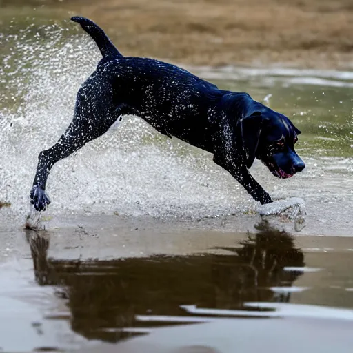 Image similar to Photorealistic photograph of a dog splashing in a puddle, photorealism, photorealistic, realism, real, highly detailed, ultra detailed, detailed, shutter speed 1/1000, 60mm Focal Length, Canon EOS 90D, Optical Camera, Wildlife Photographer of the Year, Pulitzer Prize for Photography, 8k