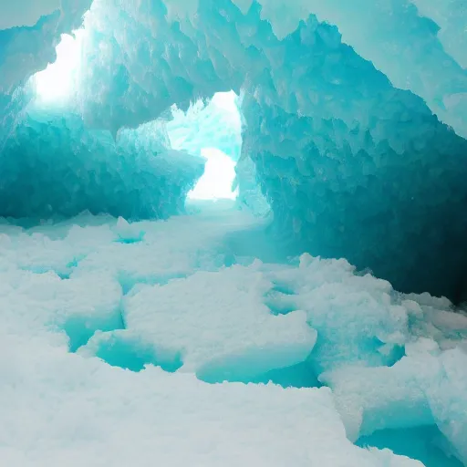 Prompt: photo inside a teal ice cave