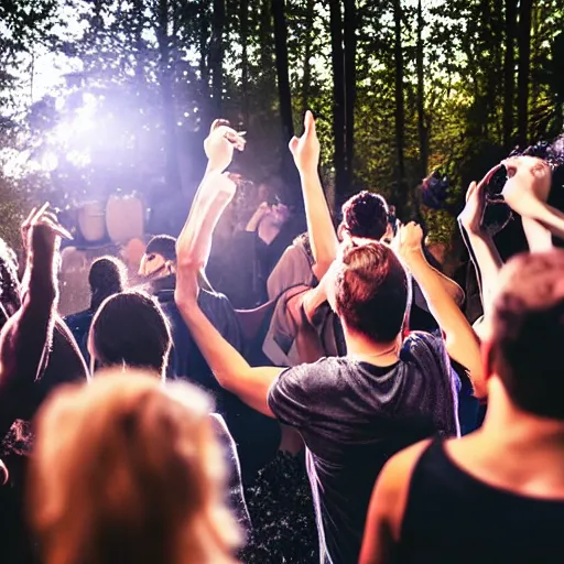 Prompt: group of friends raving outside a woodland cabin, big speaker stack, club lighting