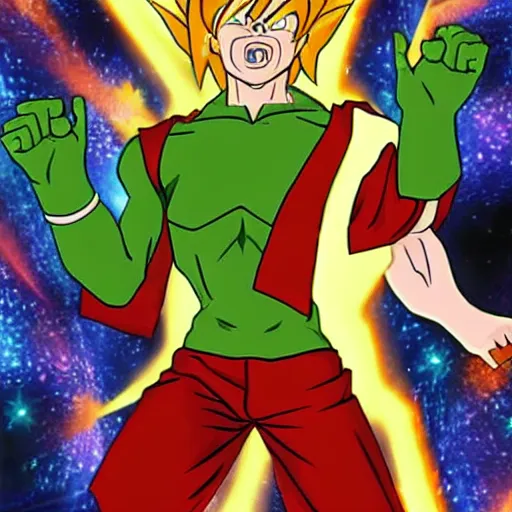 Image similar to shaggy rogers(as the legendary super saiyan) powering up to beyond 100% power