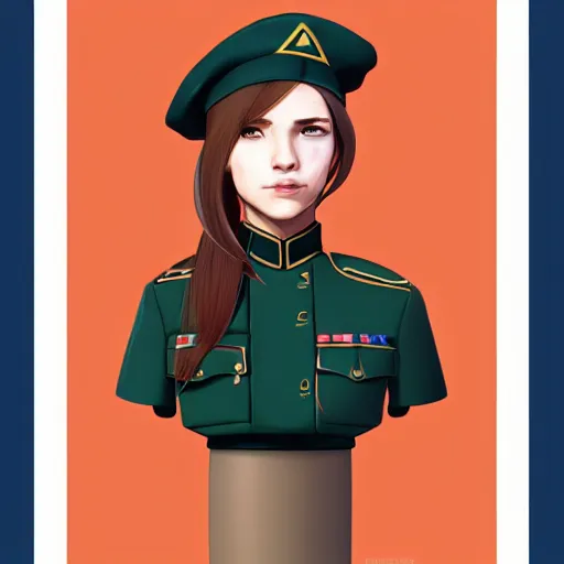 Prompt: portrait bust of young woman with long light brown hair and hazel eyes dressed in a sharp dark teal military uniform with beret, smiling, ilya kuvshinov, anime, loish, ross tran