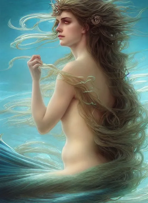 Prompt: goddess of the sea!! portrait of a seductive mermaid in underwater murky light, wind blown hair! fantasy esoteric, closeup, d & d, fantasy, intricate, elegant, highly detailed, digital painting, artstation, concept art, matte, sharp focus, illustration, art by artgerm and tom bagshaw and greg rutkowski and alphonse mucha