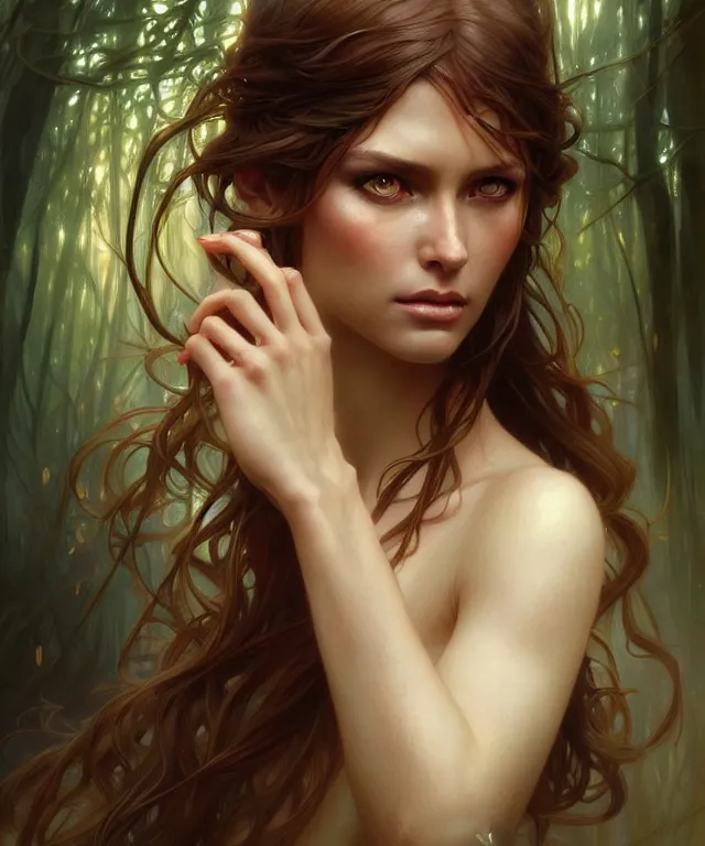 Image similar to Forest nymph woman portrait, amber eyes, face, long hair, fantasy, intricate, elegant, highly detailed, digital painting, artstation, concept art, smooth, sharp focus, illustration, art by artgerm and greg rutkowski and alphonse mucha