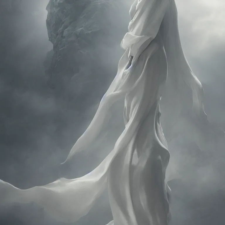 Image similar to octane render portrait by wayne barlow and carlo crivelli and glenn fabry, a woman wearing a giant huge long flowing billowing sheet of white silk, standing in a dark and moody beautiful western landscape, volumetric lighting, fog and mist, cinema 4 d, ray traced lighting, very short depth of field, bokeh