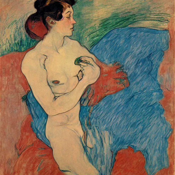 Prompt: portrait of a woman with wild exoticiris. indigo blue, turquoise. henri de toulouse - lautrec, egon schiele, gauguin, kathe kollwitz