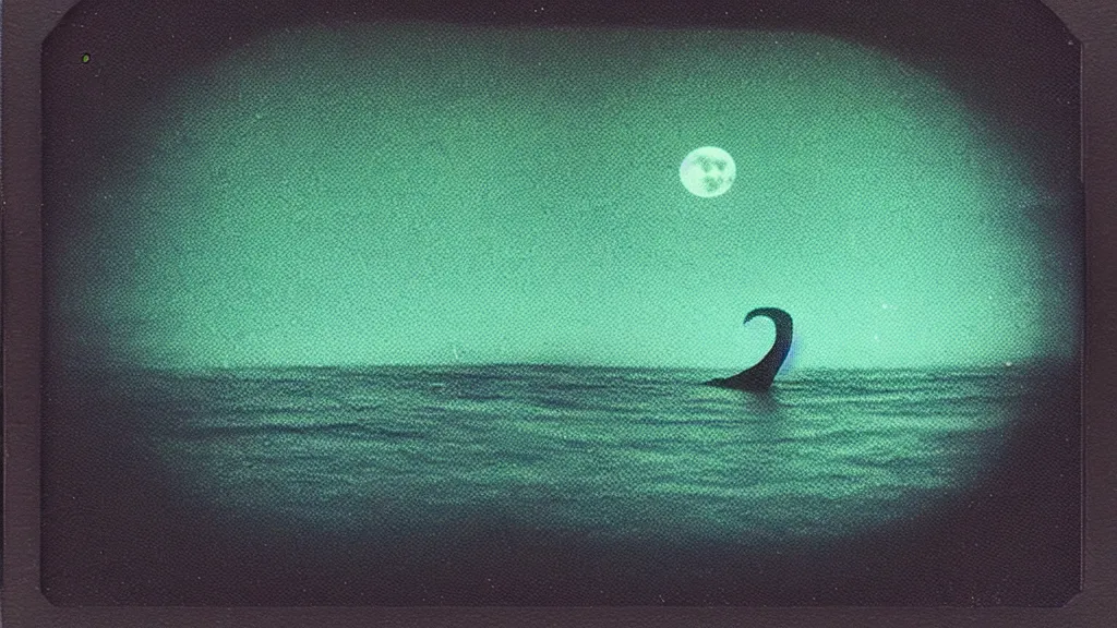 Image similar to birds eye view, haunted vhs glitch polaroid of a distant quetzalcoatl sailing through deep blackness. black bay, stars strange perspective, depths, ethereal lighting. nighttime setting with the moon reflecting off the water