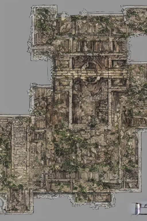 Image similar to full - color fantasy floor plan map of a ruined temple, by greg rutkowski and james gurney, trending on artstation