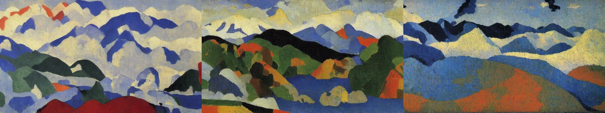 Prompt: lakeside mountains, by kazimir malevich