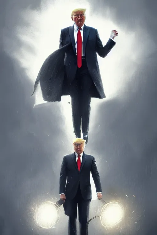 Prompt: Trump with light beard, curly hair, modern, hero, wearing a suit, highly detailed, digital painting, artstation, concept art, sharp focus, illustration, by greg rutkowski