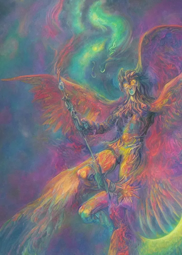 Image similar to Lucifer of the lunar mythos mercurial (surreal) fallen celestial mist, award winning oil painting, chromatic aberration polychromatic color palette radiant colors