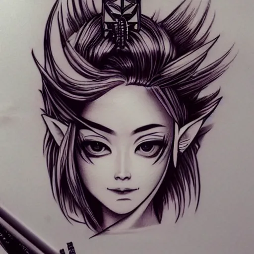 Prompt: tattoo design, stencil, portrait of a japanese girl, zelda, by artgerm,