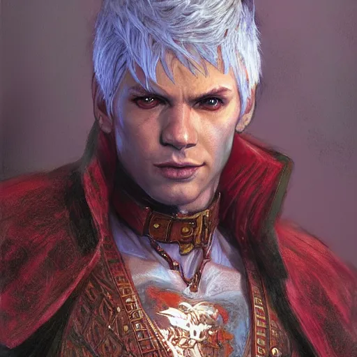 Prompt: Dante from DMC as a fantasy D&D character, portrait art by Donato Giancola and James Gurney, digital art, trending on artstation