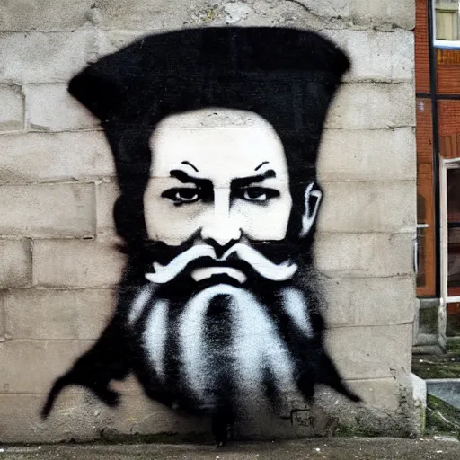 Image similar to banksy, georgian bearded king graffiti, real life, sharp focus