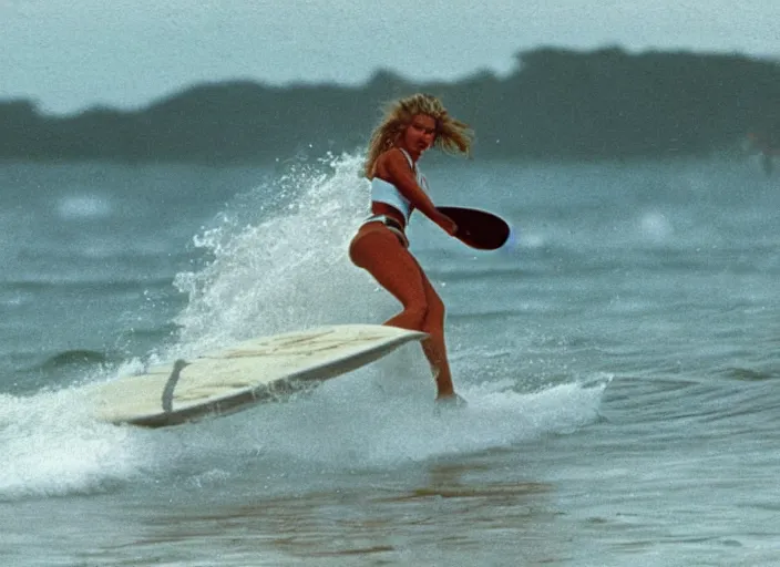 Image similar to surfergirl surfning a big wave in the 8 0's. shark fin in the water