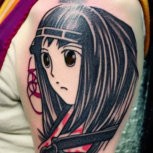 Image similar to Shoujo ai manga style japanese ninja schoolgirl by Hayao Miyazaki, studio ghibli, sakura festival, tattoo on upper arm