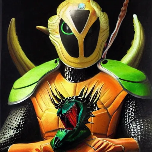 Image similar to a realistic painting by Raffaello Sanzi depicting the Kamen Rider Ichigo with the head of the symbiotic Venom in the Renaissance.