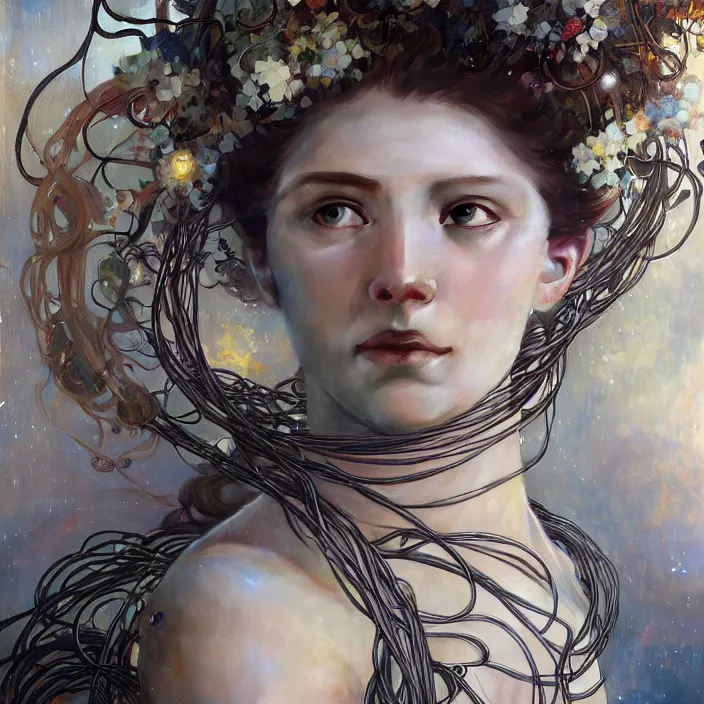 Prompt: hyperrealist portrait of a 2 0 4 4 space sport engineer, it is decorated with long wires and white petals that fall like vines and wears a huge computer crown. by jeremy mann and alphonse mucha, fantasy art, photo realistic, dynamic lighting, artstation, poster, volumetric lighting, dramatic light, very detailed faces, 8 k, award winning