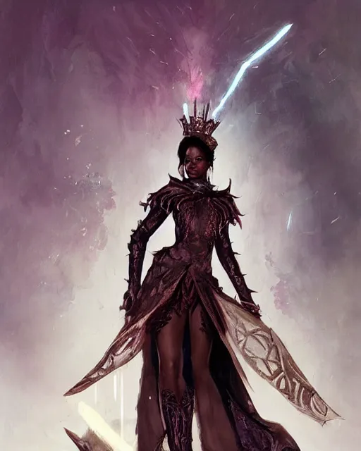 Image similar to Elegant dark skinned queen wearing a brocade dress| high fantasy | d&d | dragon age | jeff easley, greg rutkowski, pino daeni | volumetric lights | in throne room |