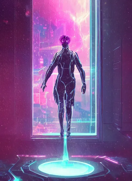 Image similar to lonely one cyber godly person made of cosmic nebula galaxy energy watching a vast rainy colorful complex cyberpunk futuristic city from behind at night through a window in a room, 8 k, photorealistic, concept art, wet, highly detailed, cinematic mood by ridley scott, ghost in the shell, akita, digital painting, trending on artstation, glowing lights, sharp focus, epic