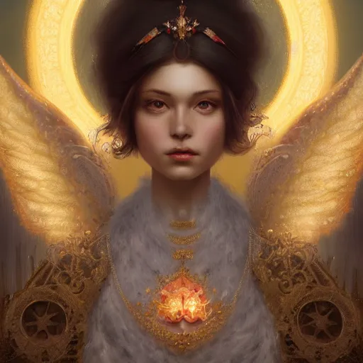 Image similar to A beautiful digital painting of a female Seraphim full of jewels, princess, the moon behind her, intricate, cinematic lighting, highly detailed, digital painting, Artstation, concept art, smooth, sharp focus, illustration, art by Tom Bagshaw, Artgerm and Greg Rutkowski