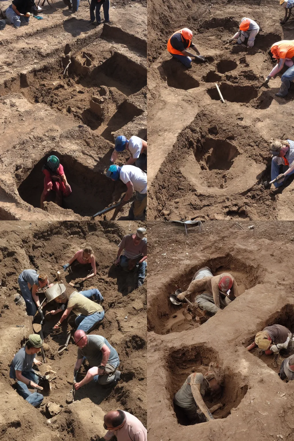 Prompt: archaeologists digging up the remains of a giant human