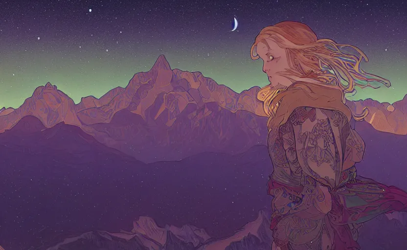 Prompt: mountains, stars and paisley filled sky, artstation, intricate, highly detailed, digital painting, concept art, sharp focus, illustration by Alphonse Mucha and James Gilleard