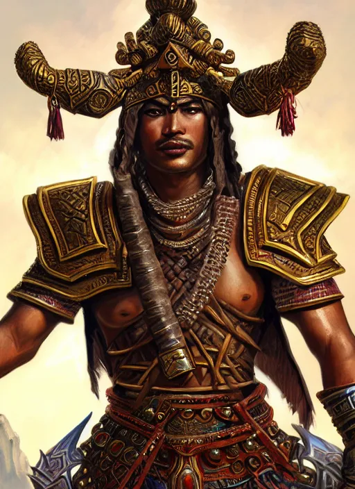 Prompt: smart tai warlord, closeup portrait, historical hero, ethnic group, sukhothai costume, thai bronze headdress, intricate, with leather armor cross on bare chest, elegant, loin cloth, highly detailed, oil painting, artstation, concept art, matte, sharp focus, illustration, hearthstone, art by earl norem