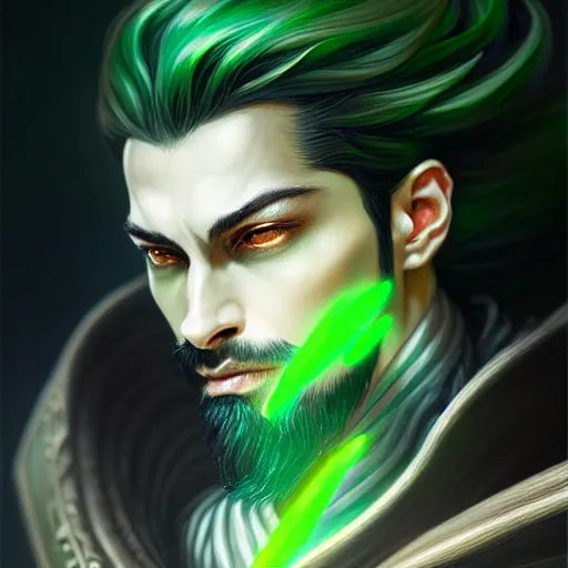 Image similar to a highly detailed portrait of a man with dark green hair and green glowing eyes, high detail clothing, fantasy, elegant, highly detailed, digital painting, artstation, concept art, smooth, sharp focus, illustration, artbook, dynamic pose, splash art, promo art, soul caliber, art by artgerm and greg rutkowski and bo chen and jin xiaodi