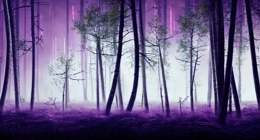 Image similar to national geographic photo of dark russian forest, soft colors, bright neon on trees, retro-futurism, atomic heart game concept render