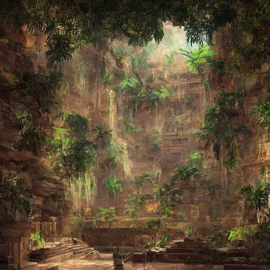 Image similar to interior of a ancient egyptian palace with plants and waterfalls, retrowave art, trending on art station