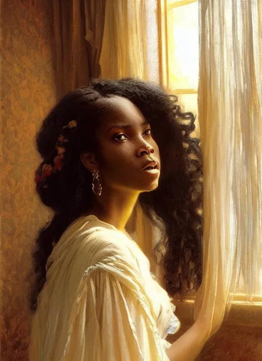 Image similar to a beautiful young black woman with long flowing hair in a flowing white gown in looking out a window through gauzy curtains, highly detailed painting by gaston bussiere, craig mullins, j. c. leyendecker 8 k
