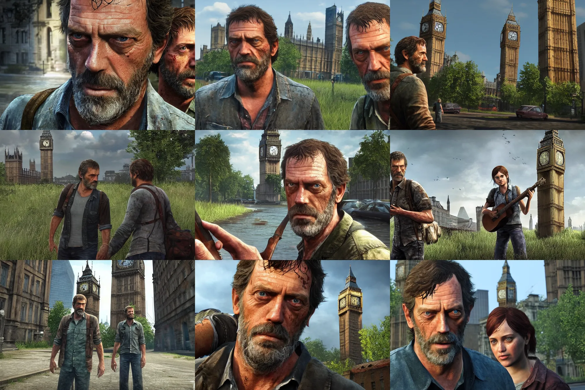 Prompt: a screenshot of hugh laurie in the video game the last of us standing in london with big ben in the background. 3 d rendering. unreal engine. amazing likeness. very detailed. cartoon caricature.