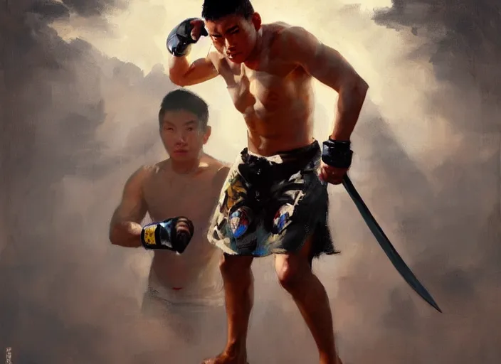 Image similar to greg manchess painting of a filipino mma fighter with a sword, organic painting, sunny day, matte painting, bold shapes, hard edges, street art, trending on artstation, by huang guangjian, gil elvgren, ruan jia, randy vargas, greg rutkowski