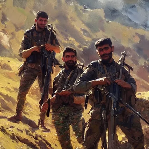 Prompt: Intense vibrant film still of Kurdish Peshmerga in the Kurdish mountains, oil painting by John Singer Sargent, Adrian Smith, Greg Rutkowski, Trending on Artstation, incredible detail