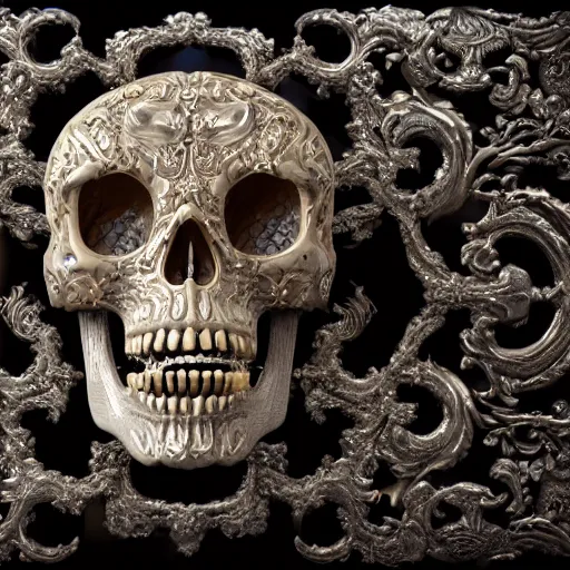 Image similar to a beautiful, ornate and intricate rococo skull with silver and gold details, 4k, octane render, vray, unreal engine, photorealistic