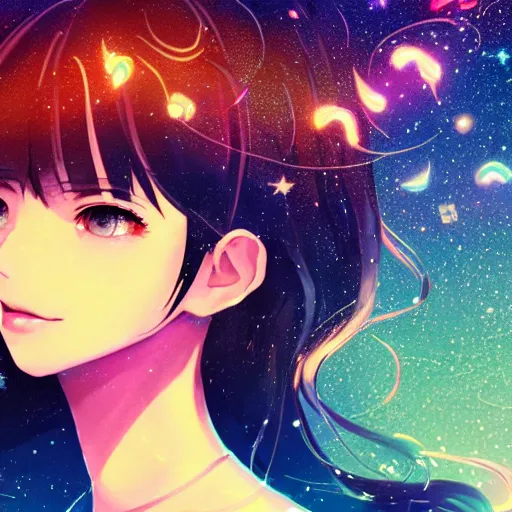 Image similar to portrait of a beautiful girl with dark hair in magical girl fashion, a starry night background, rich vivid colors, ambient lighting, dynamic lighting, 4k, official media, anime key visual, makoto shinkai, ilya kuvshinov, lois van baarle, rossdraws, detailed, trending on artstation