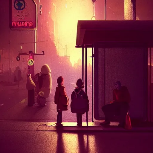 Image similar to some people waiting at bus stop in dark city night : : by beeple and james gilleard and justin gerard : :, centered, artstation, smooth, sharp focus, photoreal octane render, 3 d, by jean - baptiste monge!!!!!!!