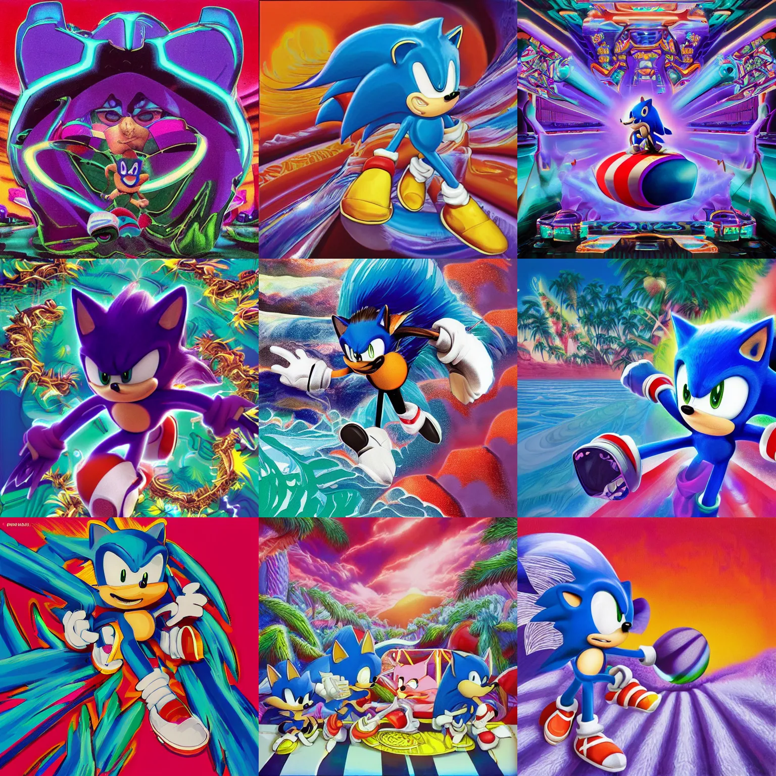 Prompt: sonic the hedgehog portrait in a recursive surreal, sharp, detailed professional, high quality airbrush art MGMT tame impala album cover of a liquid dissolving synthwave vaporwave LSD DMT sonic the hedgehog surfing through cyberspace, purple checkerboard background, 1990s 1992 Sega Genesis video game album cover,