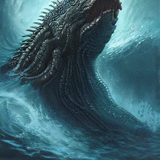 Image similar to sea beast of the depths in the style of michael whelan and h. p. lovecraft. hyperdetailed photorealism by greg rutkowski