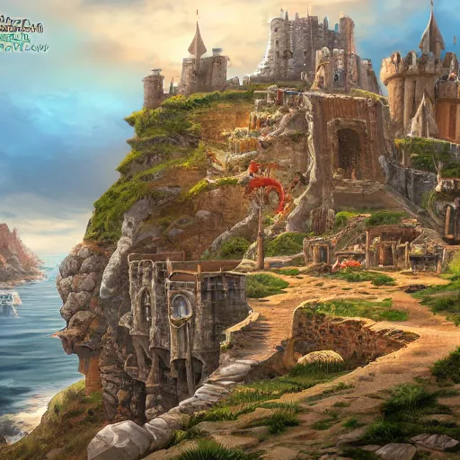 Image similar to Large medieval city on a cliff by the sea, very sunny, fantasy, medieval, highly detailed, Artstation