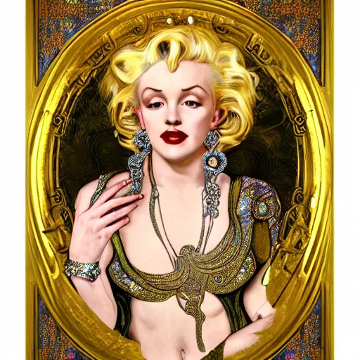 Prompt: !dream realistic detailed dramatic symmetrical portrait of Marilyn Monroe as Salome dancing, wearing an elaborate jeweled gown, by Alphonse Mucha and Gustav Klimt, gilded details, intricate spirals, coiled realistic serpents, Neo-Gothic, gothic, Art Nouveau, ornate medieval religious icon, long dark flowing hair spreading around her