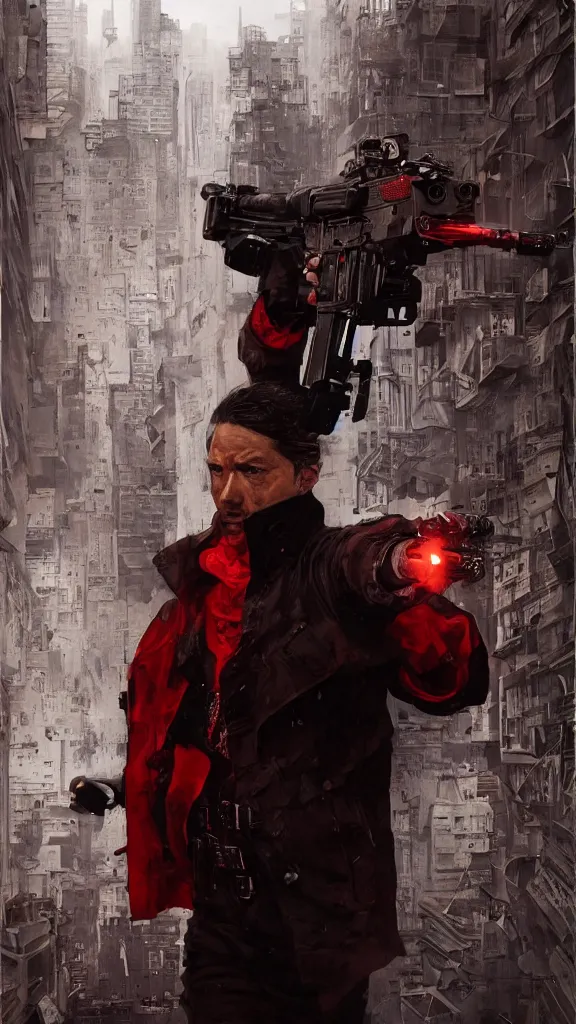 Image similar to portrait, of a spy with a gun, book cover, red and black colors, city establishing shot, extremly high detail, foto realistic, cinematic lighting, by Yoshitaka Amano, Ruan Jia, Kentaro Miura, Artgerm, post processed, concept art, artstation, matte painting, style by eddie mendoza, raphael lacoste, alex ross