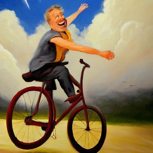 Image similar to A whimsical painting of a happy man flying in the sky on his bicycle in the clouds, action shot, subject is smiling, expressive oil painting